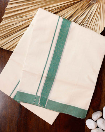 Traditional Handwoven Cotton Dhoti with Green Border and Elegant Finish - Off White