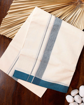 Traditional Handwoven Cotton Dhoti with Teal Border and Elegant Finish - Off White