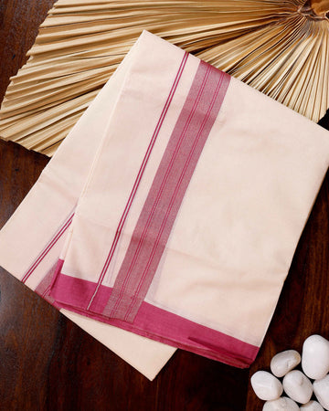 Traditional Handwoven Cotton Dhoti with Pink Border and Elegant Finish - Off White