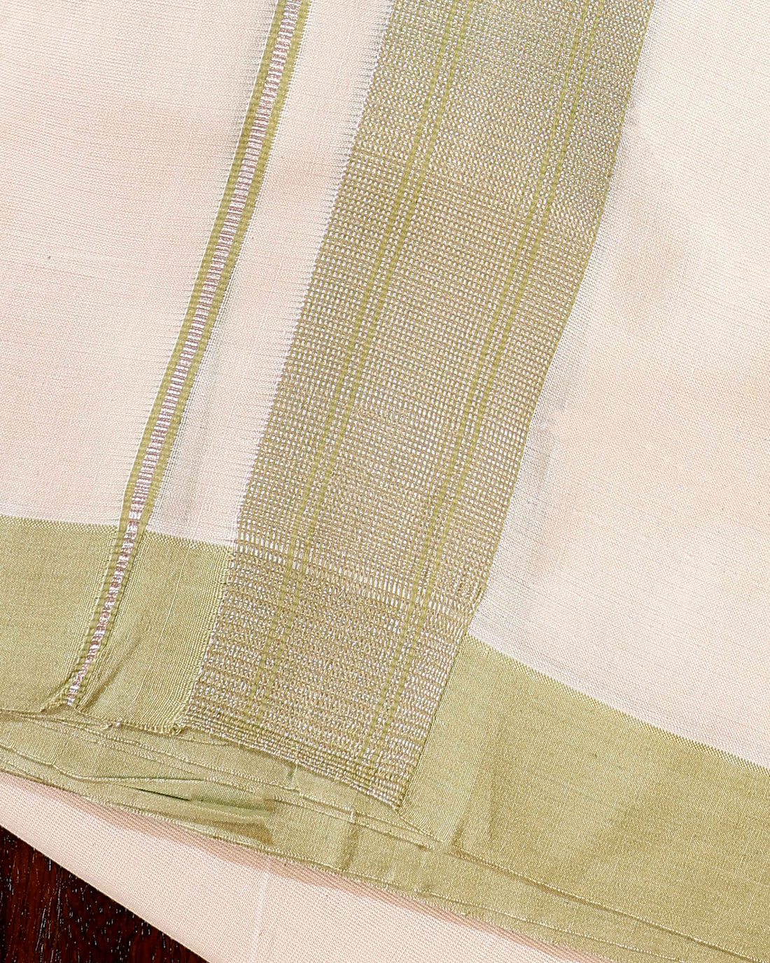 Traditional Handwoven Cotton Dhoti with Green Border and Elegant Finish - Off White