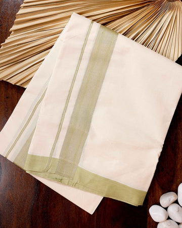 Traditional Handwoven Cotton Dhoti with Green Border and Elegant Finish - Off White
