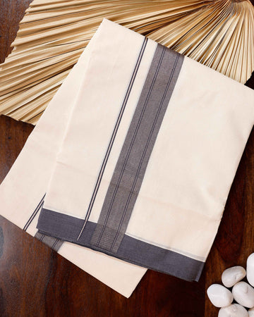 Traditional Handwoven Cotton Dhoti with Dark Grey Border and Elegant Finish - Off White