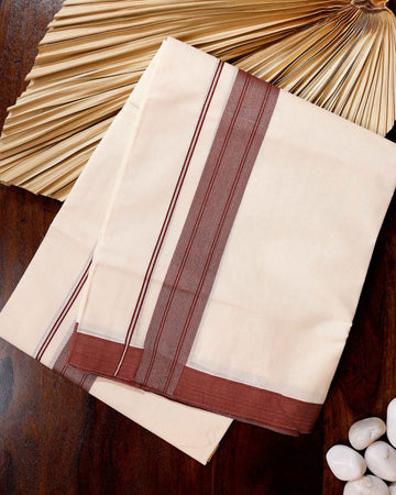 Traditional Handwoven Cotton Dhoti with Dark Maroon Border and Elegant Finish - Off White