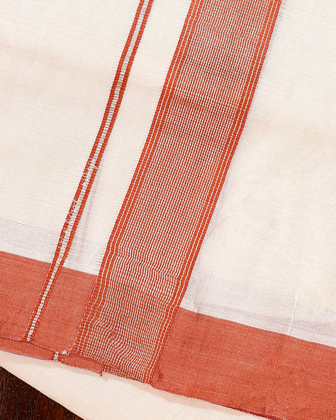 Traditional Handwoven Cotton Dhoti with Light Red Border and Elegant Finish - Off White