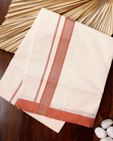 Traditional Handwoven Cotton Dhoti with Light Red Border and Elegant Finish - Off White