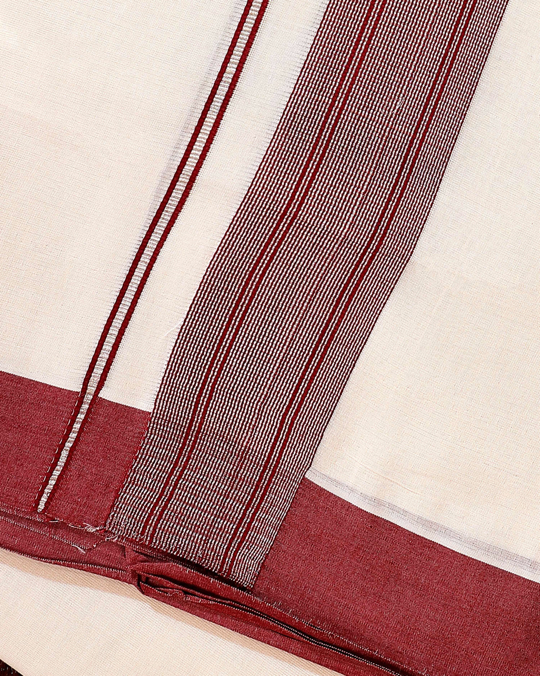 Traditional Handwoven Cotton Dhoti with Maroon Border and Elegant Finish - Off White