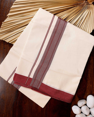 Traditional Handwoven Cotton Dhoti with Maroon Border and Elegant Finish - Off White