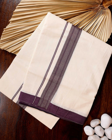 Traditional Handwoven Cotton Dhoti with Purple Border and Elegant Finish - Off White