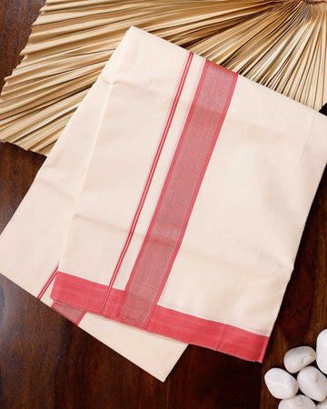 Traditional Handwoven Cotton Dhoti with Red Border and Elegant Finish - Off White