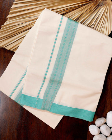 Traditional Handwoven Cotton Dhoti with Sky Blue Border and Elegant Finish - Off White