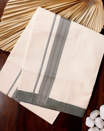 Traditional Handwoven Cotton Dhoti with Grey Border and Elegant Finish - Off White