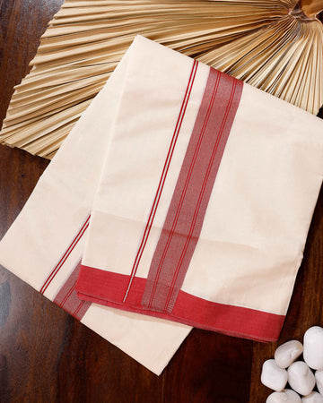 Traditional Handwoven Cotton Dhoti with Red Border and Elegant Finish - Off White