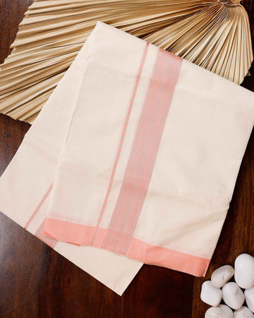 Traditional Handwoven Cotton Dhoti with Peach Border and Elegant Finish - Off White