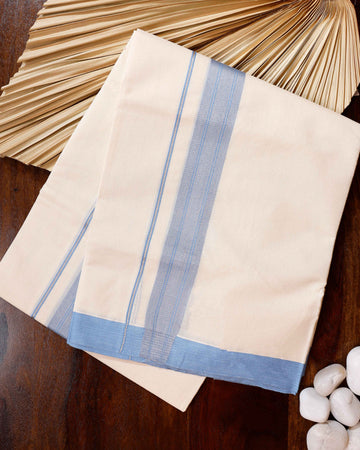 Traditional Handwoven Cotton Dhoti with Blue Border and Elegant Finish - Off White