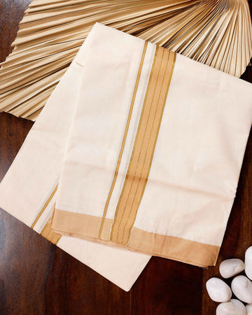 Traditional Handwoven Cotton Dhoti with Light Brown Border and Elegant Finish - Off White