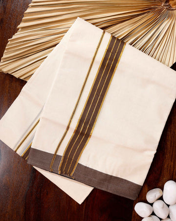 Traditional Handwoven Cotton Dhoti with Brown Border and Elegant Finish - Off White
