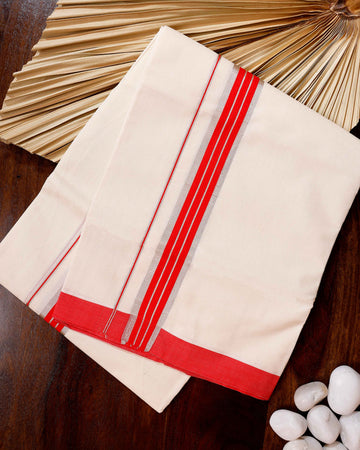 Traditional Handwoven Cotton Dhoti with Red Border and Elegant Finish - Off White