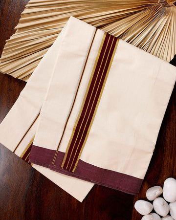 Traditional Handwoven Cotton Dhoti with Maroon Border and Elegant Finish - Off White