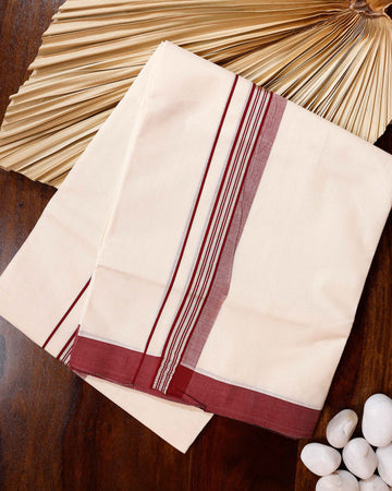 Traditional Handwoven Cotton Dhoti with Maroon Border and Elegant Finish - Off White