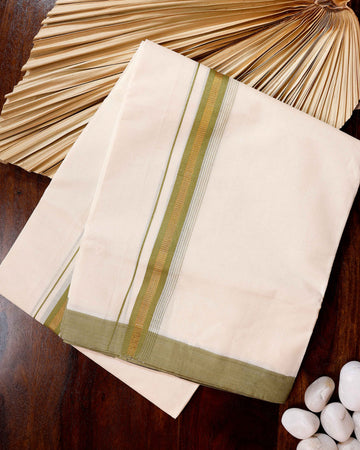 Traditional Handwoven Cotton Dhoti with Green Border and Elegant Finish - Off White