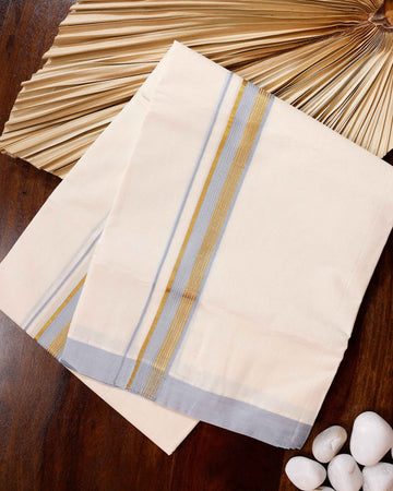 Traditional Handwoven Cotton Dhoti with Light Blue Border and Elegant Finish - Off White