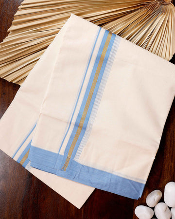 Traditional Handwoven Cotton Dhoti with Blue Border and Elegant Finish - Off White