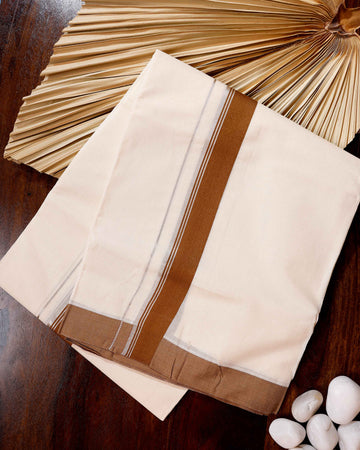 Traditional Handwoven Cotton Dhoti with Brown Border and Elegant Finish - Off White