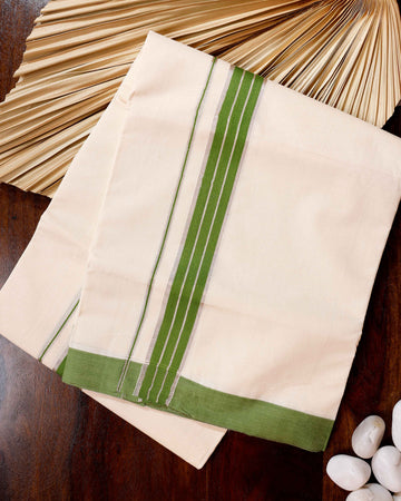 Traditional Handwoven Cotton Dhoti with Green Border and Elegant Finish - Off White