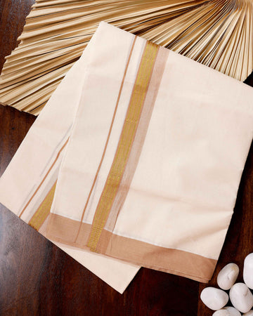Traditional Handwoven Cotton Dhoti with Brown Border and Elegant Finish - Off White