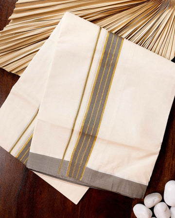 Traditional Handwoven Cotton Dhoti with Grey Border and Elegant Finish - Off White