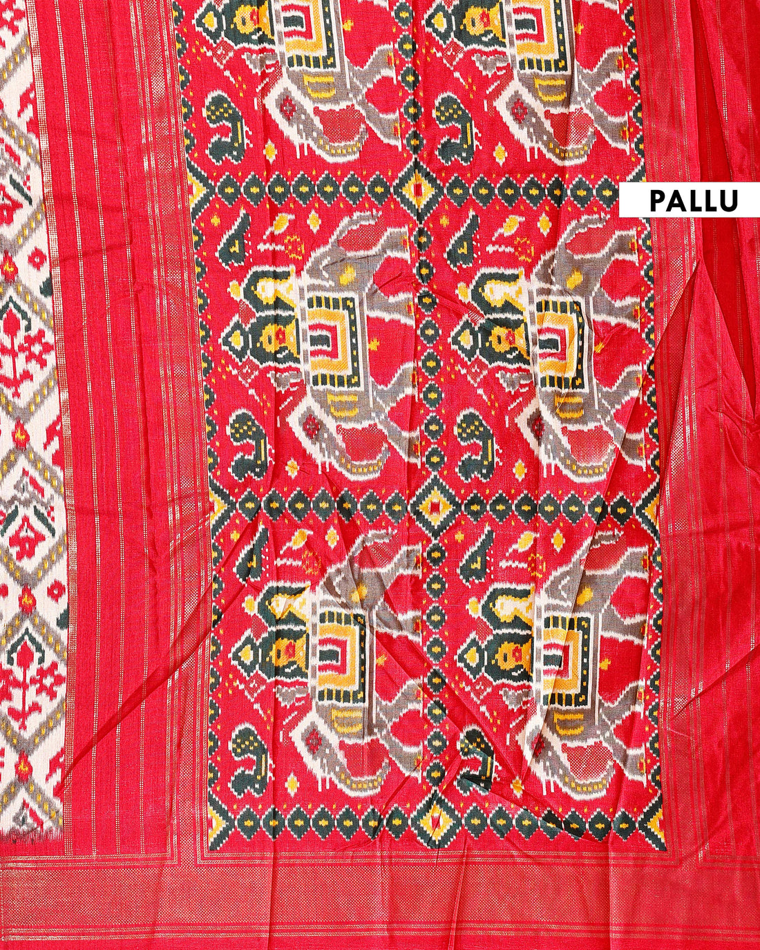 Traditional Handwoven Ikkat Saree with Geometric Patterns and Elephant Motif Pallu - Red