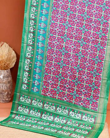 Traditional Handwoven Ikkat Saree with Geometric Patterns and Elephant Motif Pallu - Multi