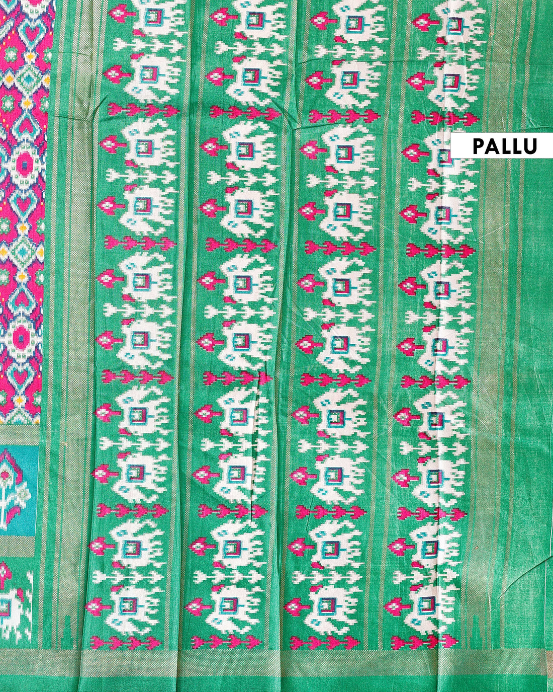 Traditional Handwoven Ikkat Saree with Geometric Patterns and Elephant Motif Pallu - Multi
