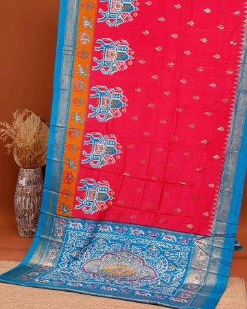 Handwoven Ikkat Silk Saree with Elephant Motifs and Zari Woven Border - Red