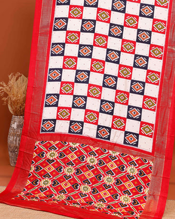 Handloom Ikkat Cotton Saree with Geometric and Floral Motifs  - Off White