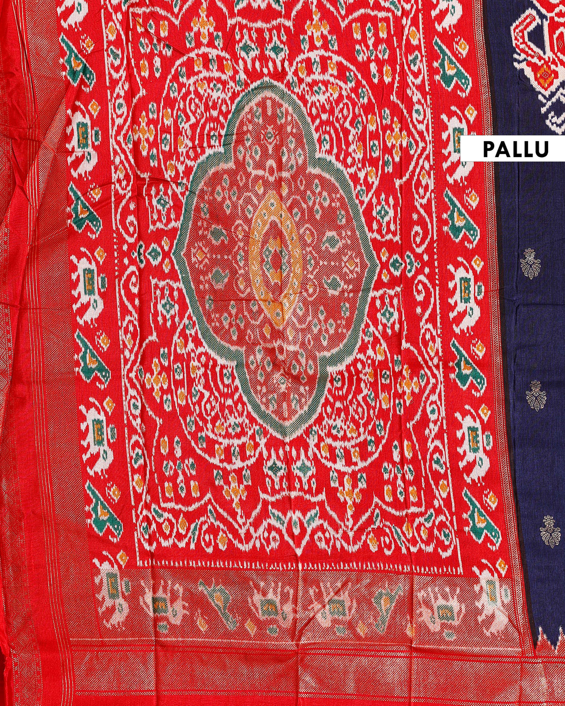 Handwoven Ikkat Saree with Elephant Motifs and Traditional Border - Navy Blue