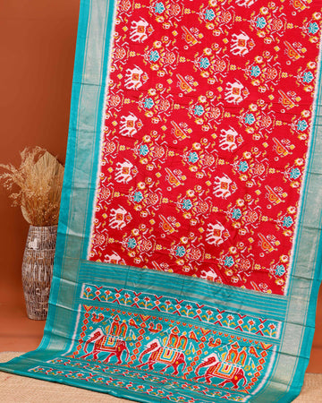 Traditional Ikkat Saree with Patola Inspired Weave and Animal Motifs  - Red