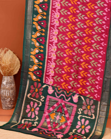 Traditional Handloom Ikkat Saree with Intricate Geometric and Floral Motifs - Pink