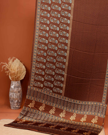 Elegant Modal Satin Saree with Intricate Floral Block Prints and Zari Border - Brown