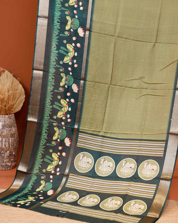 Elegant Kota Saree with Nature-Inspired Motifs and Animal Pallu Design - Green