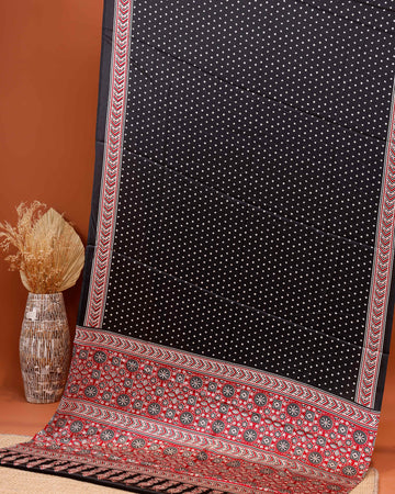 Elegant Modal Satin Saree with Intricate Border Print and Dotted Body - Black