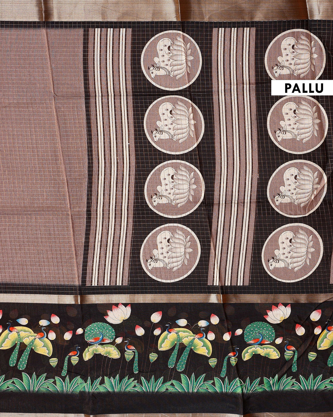 Handloom Kota Saree with Contrast Border and Traditional Motifs - Brown