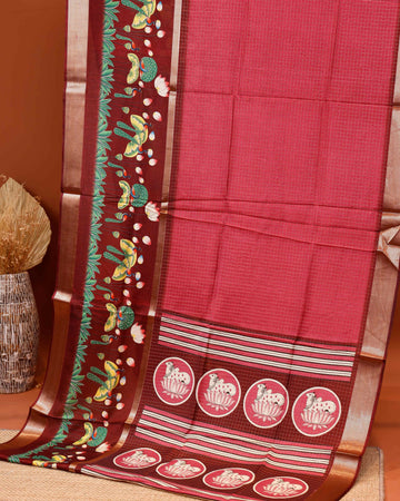 Handloom Kota Saree with Contrast Border and Traditional Motifs - Maroon