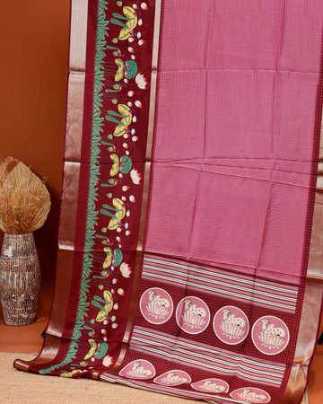 Handloom Kota Saree with Contrast Border and Traditional Motifs - Pink