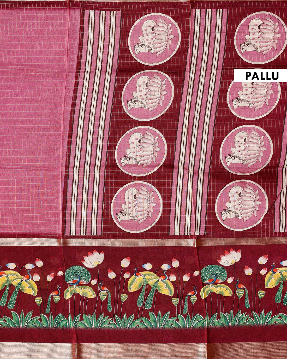 Handloom Kota Saree with Contrast Border and Traditional Motifs - Pink