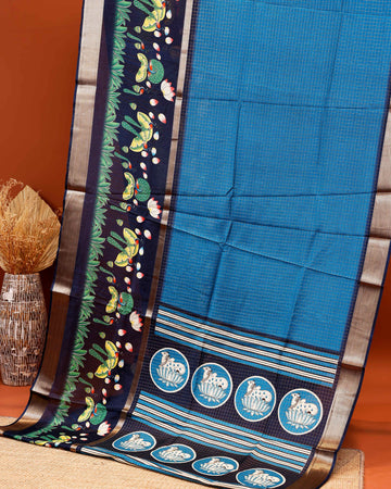 Handloom Kota Saree with Contrast Border and Traditional Motifs - Blue