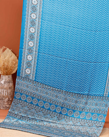 Elegant Modal Satin Saree with Intricate Chevron Body Print and Elaborate Floral & Paisley Border Design - Blue