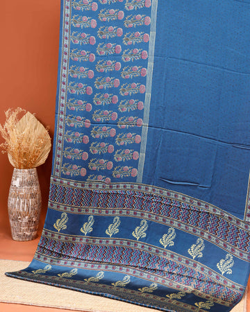 Hand Block Printed Modal Satin Saree with Traditional Motifs and Border - Blue