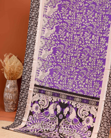 Exquisite Kalamkari Printed Saree with Intricate Handcrafted Floral and Elephant Motifs - Purple