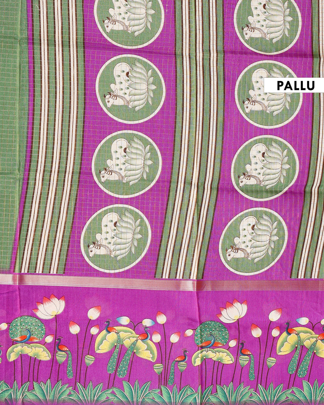 Traditional Kota Saree with Subtle Checked Elegant Lotus and Peacock Motifs - Green